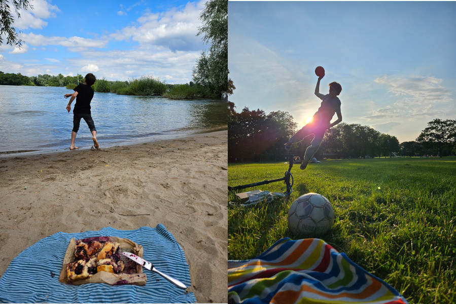 Rheinstrand links und Handball werfender Junge rechts